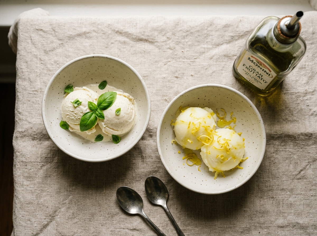 Curated ice cream flavors with basil and lemon