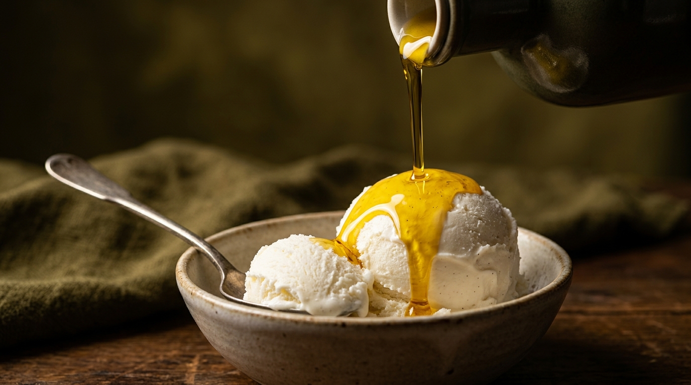 Golden extra virgin olive oil poured over ice cream